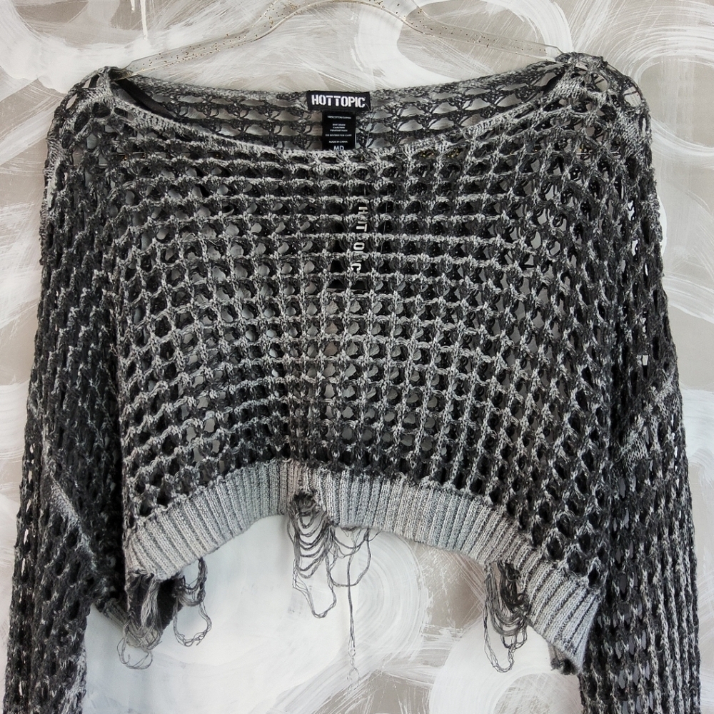 HOT TOPIC Black Gray Mesh Deconstructed Goth Punk Y2K Cropped Top Sz M Unisex - Picture 2 of 10